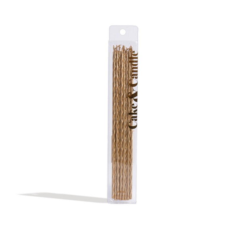 Gold Cake & Candle - 20cm Tall Fine Spiral Candles - Pack of 16